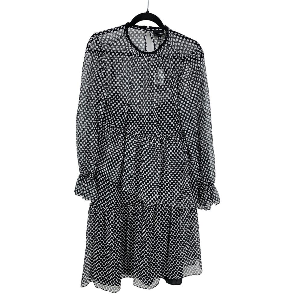 Who What Wear Dress Womens Small Polka Dot Sheer Overlay Long Sleeve Black White